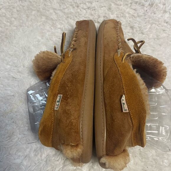 LLBean Men’s leather Suede tan Moccasin Slippers shearling lining SZ10M - Picture 7 of 11